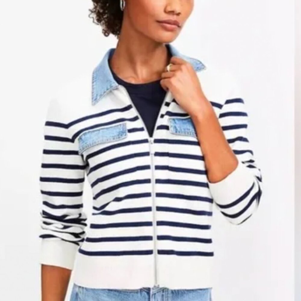 NWT LOFT striped cardigan with denim collar